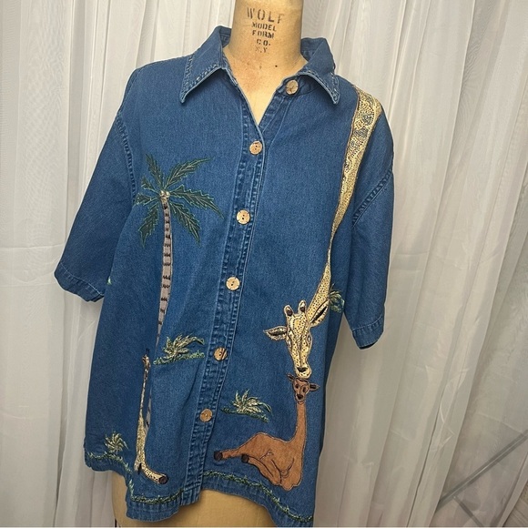 New Direction 100% cotton denim short sleeve top with appliqué giraffes 2X - Picture 1 of 8